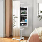 Okak 360 Swivel Full Length Mirror with Jewelry Cabinet, Standing Mirror with Wheels, Floor Mirror for Living Room, Dressing Room, White