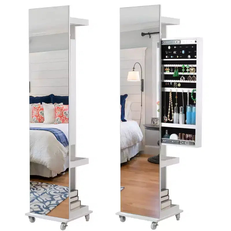 Okak 360 Swivel Full Length Mirror with Jewelry Cabinet, Standing Mirror with Wheels, Floor Mirror for Living Room, Dressing Room, White