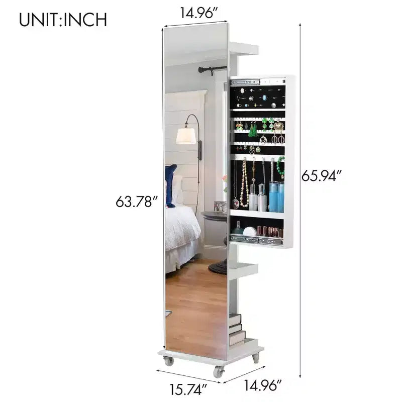 Okak 360 Swivel Full Length Mirror with Jewelry Cabinet, Standing Mirror with Wheels, Floor Mirror for Living Room, Dressing Room, White