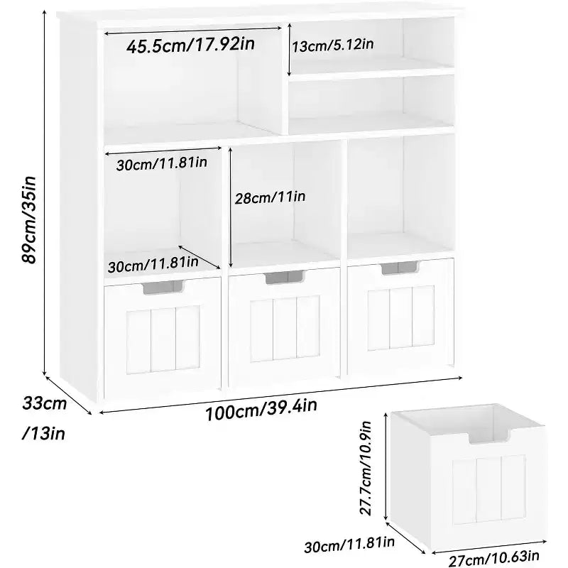 Mueble organizador de juguetes con 3 cajones móviles y 6 cubos, estantería de juguetes para niños con ruedas ocultas, estantería infantil organizador de almacenamiento de juguetes