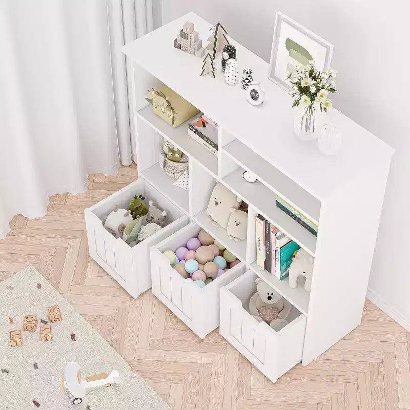 Mueble organizador de juguetes con 3 cajones móviles y 6 cubos, estantería de juguetes para niños con ruedas ocultas, estantería infantil organizador de almacenamiento de juguetes