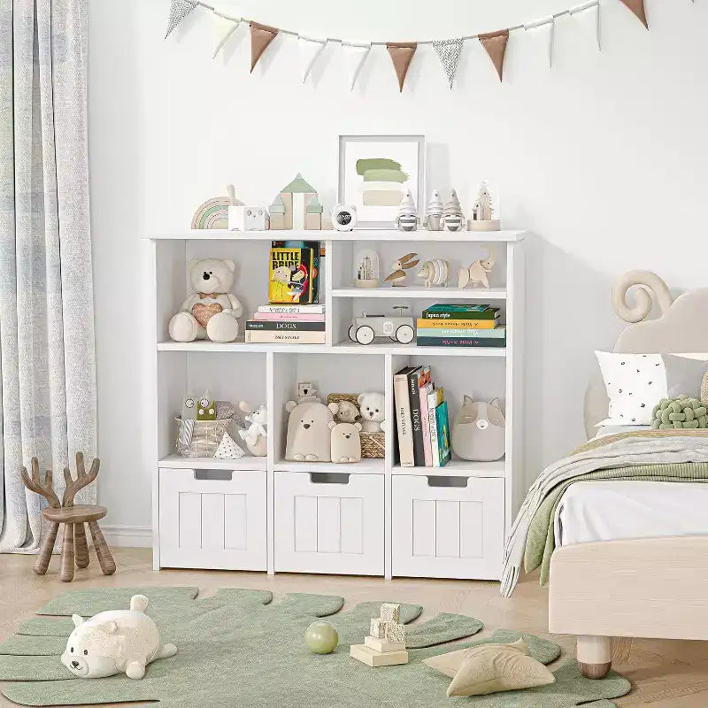 Mueble organizador de juguetes con 3 cajones móviles y 6 cubos, estantería de juguetes para niños con ruedas ocultas, estantería infantil organizador de almacenamiento de juguetes