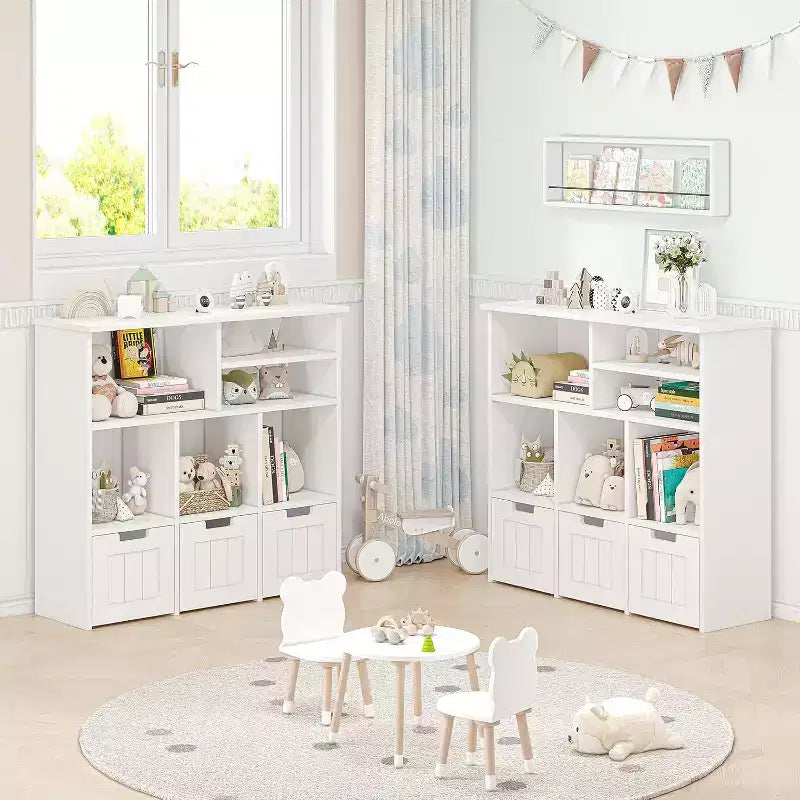 Mueble organizador de juguetes con 3 cajones móviles y 6 cubos, estantería de juguetes para niños con ruedas ocultas, estantería infantil organizador de almacenamiento de juguetes