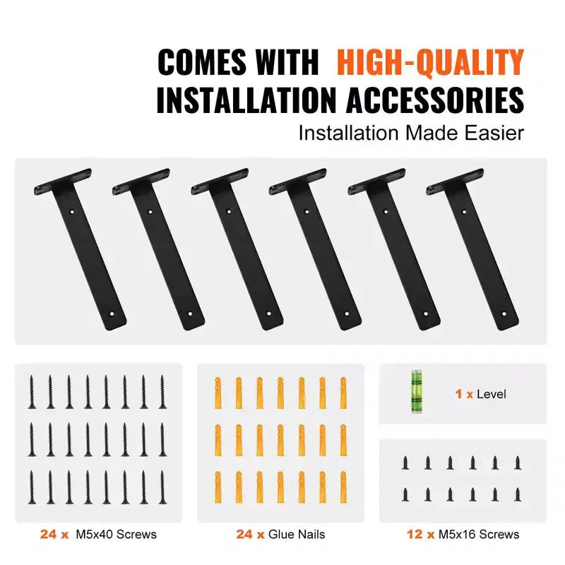 VEVOR Escuadra para estante, 8L x 4W x 1.6H, 6 unidades, soportes flotantes resistentes para estantes, soportes para estantes, escuadra en L negro mate de 5 mm de grosor, negro