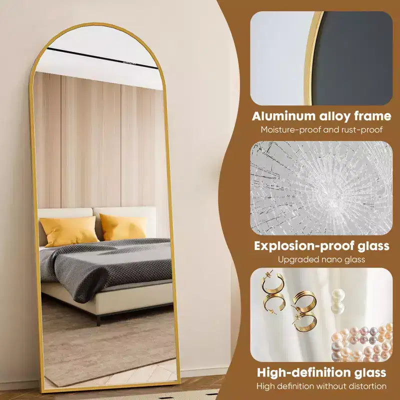 Okak 71*26IN Espejo Rectangular/Arqueado de Cuerpo Entero con Soporte Metálico, Espejo de Pie con Agujeros para Colgar, Espejo de Pared para Vestidor, Tienda de Ropa