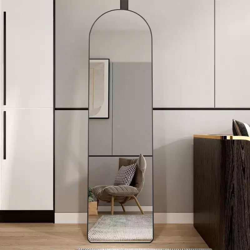 Okak Espejo de cuerpo entero Elegent de 59 x 16,5 pulgadas con marco de aleación de aluminio, espejo arqueado de pie, espejo de suelo para sala de estar, sala de maquillaje, negro
