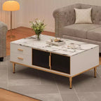 Mesa de centro grande Coolmee para sala de estar, tapa de imitación mármol con 4 cajones y puertas de vidrio, diseño de panel acanalado, compartimento oculto y estante de almacenamiento