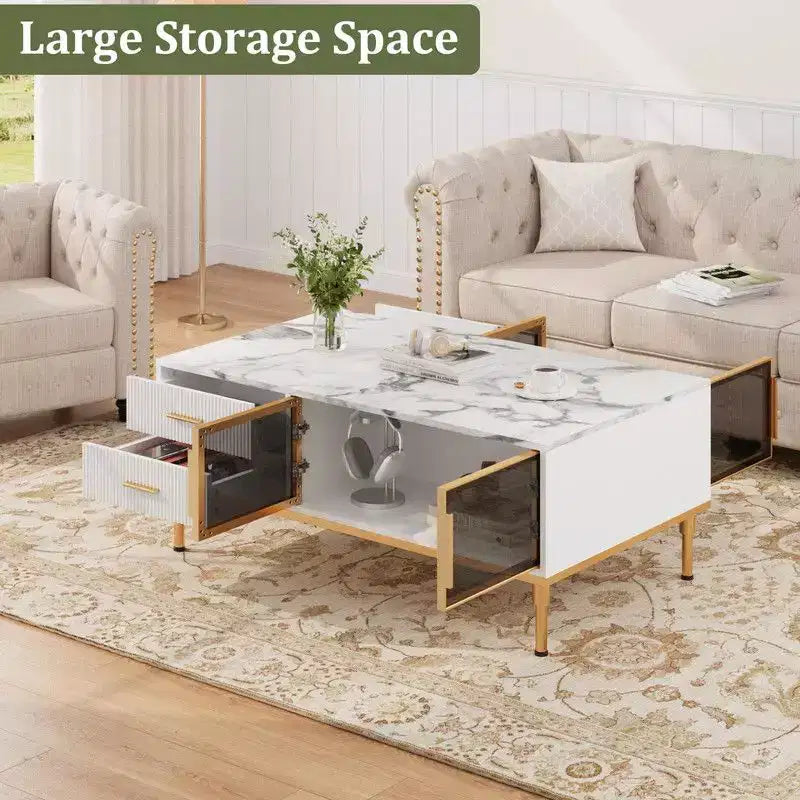 Mesa de centro grande Coolmee para sala de estar, tapa de imitación mármol con 4 cajones y puertas de vidrio, diseño de panel acanalado, compartimento oculto y estante de almacenamiento