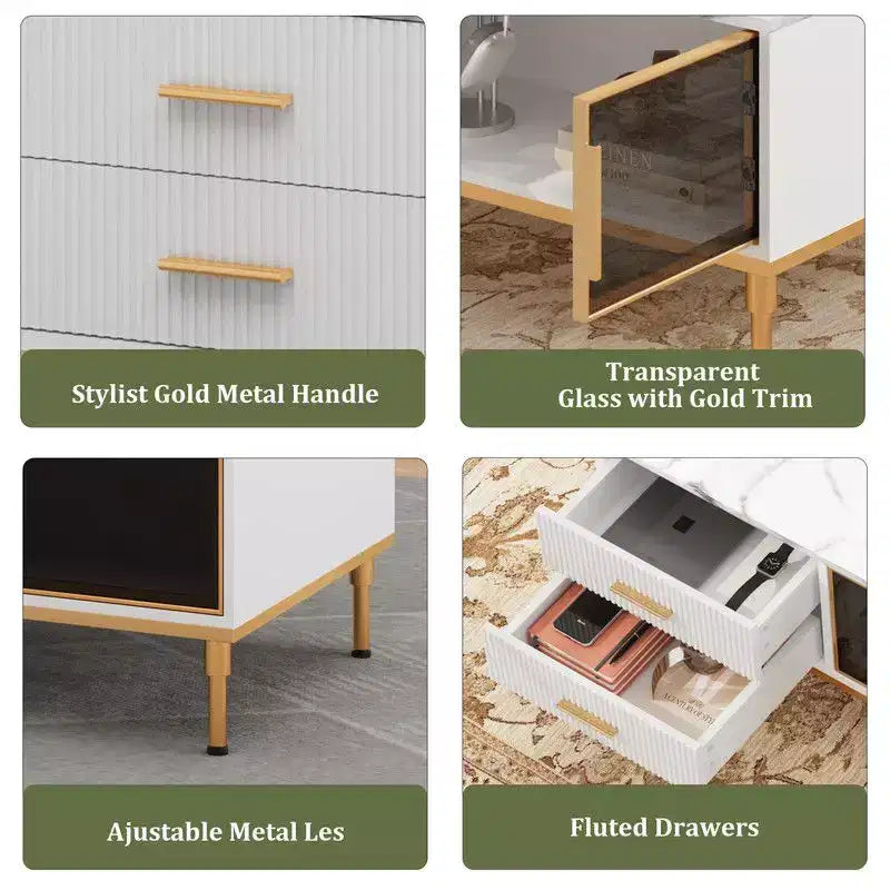 Mesa de centro grande Coolmee para sala de estar, tapa de imitación mármol con 4 cajones y puertas de vidrio, diseño de panel acanalado, compartimento oculto y estante de almacenamiento