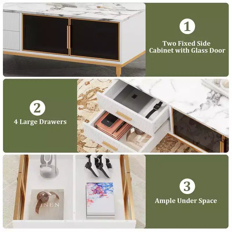 Mesa de centro grande Coolmee para sala de estar, tapa de imitación mármol con 4 cajones y puertas de vidrio, diseño de panel acanalado, compartimento oculto y estante de almacenamiento