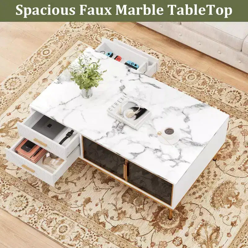 Mesa de centro grande Coolmee para sala de estar, tapa de imitación mármol con 4 cajones y puertas de vidrio, diseño de panel acanalado, compartimento oculto y estante de almacenamiento