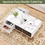 Mesa de centro grande Coolmee para sala de estar, tapa de imitación mármol con 4 cajones y puertas de vidrio, diseño de panel acanalado, compartimento oculto y estante de almacenamiento