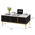 Mesa de centro grande Coolmee para sala de estar, tapa de imitación mármol con 4 cajones y puertas de vidrio, diseño de panel acanalado, compartimento oculto y estante de almacenamiento