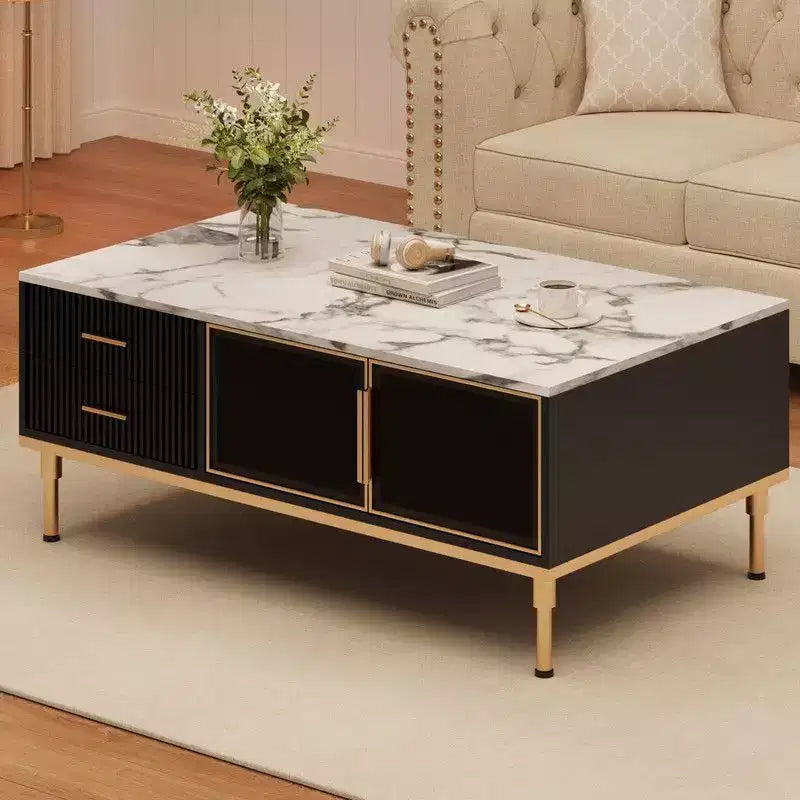 Mesa de centro grande Coolmee para sala de estar, tapa de imitación mármol con 4 cajones y puertas de vidrio, diseño de panel acanalado, compartimento oculto y estante de almacenamiento