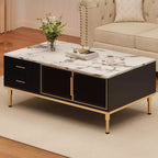 Mesa de centro grande Coolmee para sala de estar, tapa de imitación mármol con 4 cajones y puertas de vidrio, diseño de panel acanalado, compartimento oculto y estante de almacenamiento