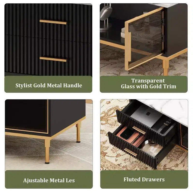 Mesa de centro grande Coolmee para sala de estar, tapa de imitación mármol con 4 cajones y puertas de vidrio, diseño de panel acanalado, compartimento oculto y estante de almacenamiento