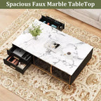 Mesa de centro grande Coolmee para sala de estar, tapa de imitación mármol con 4 cajones y puertas de vidrio, diseño de panel acanalado, compartimento oculto y estante de almacenamiento