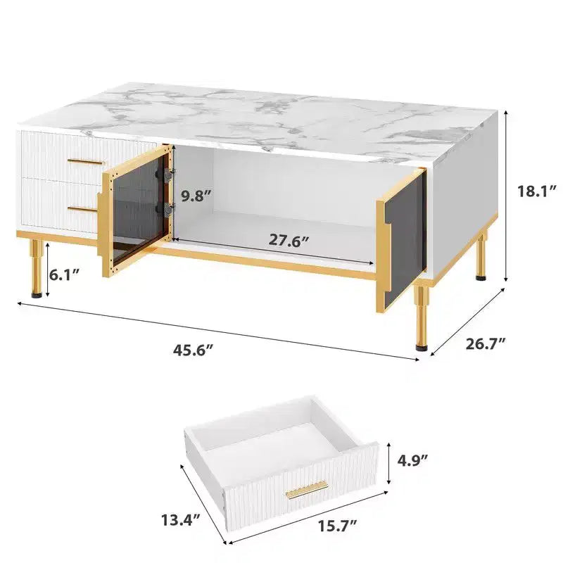 Mesa de centro grande Coolmee para sala de estar, tapa de imitación mármol con 4 cajones y puertas de vidrio, diseño de panel acanalado, compartimento oculto y estante de almacenamiento
