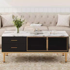 Coolmee Large Coffee Table for Living Room, Faux Marble Top with 4 Drawers & Glass Doors, Fluted Panel Design, Hidden Compartment and Storage Shelf