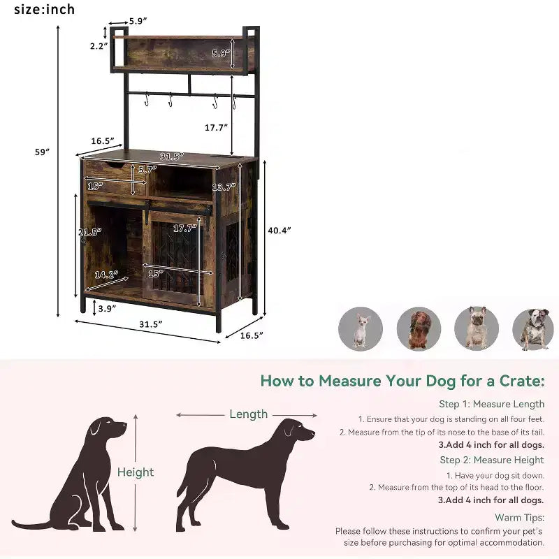 Armario de almacenamiento independiente 2 EN 1, vitrina, jaula para perros, perrera para perros pequeños de hasta 18 kg, marrón rústico - ModernLuxe