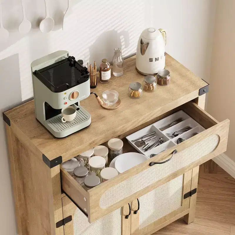 COZONY Aparador de ratán con cajones, armario de almacenamiento bohemio de estilo rústico con barra de café para comedor, sala de estar, pasillo, natural