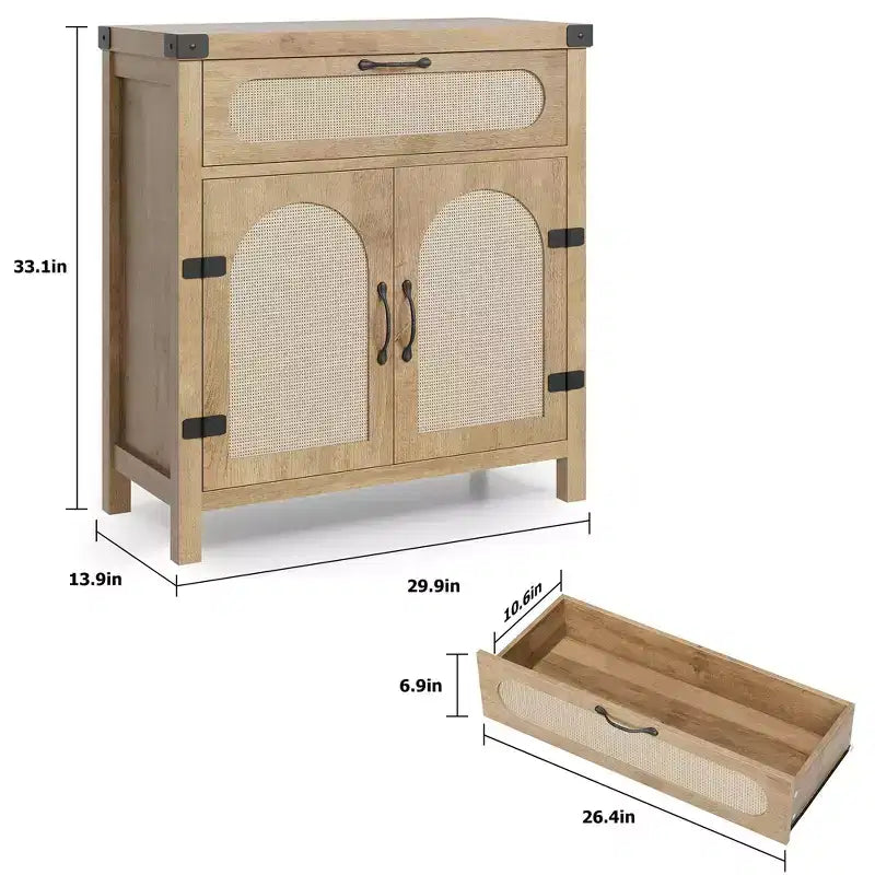 COZONY Aparador de ratán con cajones, armario de almacenamiento bohemio de estilo rústico con barra de café para comedor, sala de estar, pasillo, natural