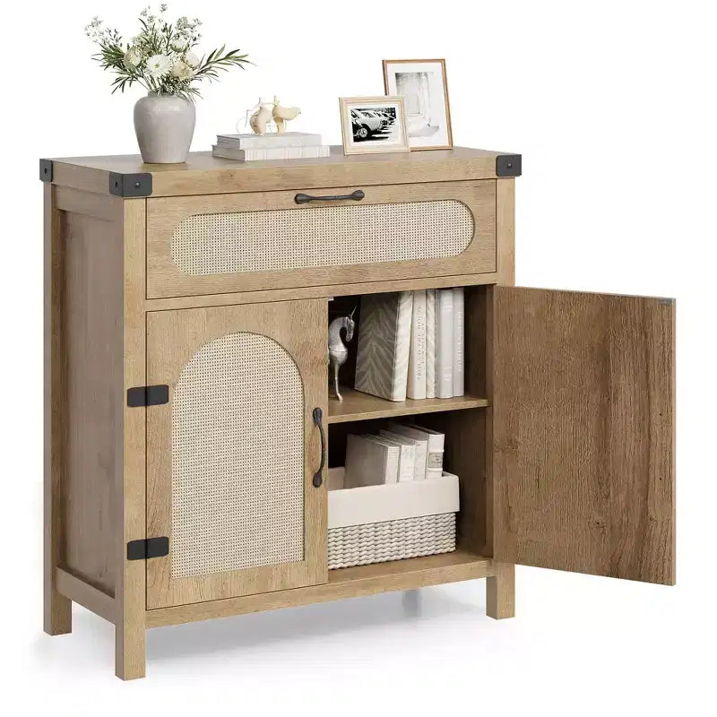 COZONY Aparador de ratán con cajones, armario de almacenamiento bohemio de estilo rústico con barra de café para comedor, sala de estar, pasillo, natural