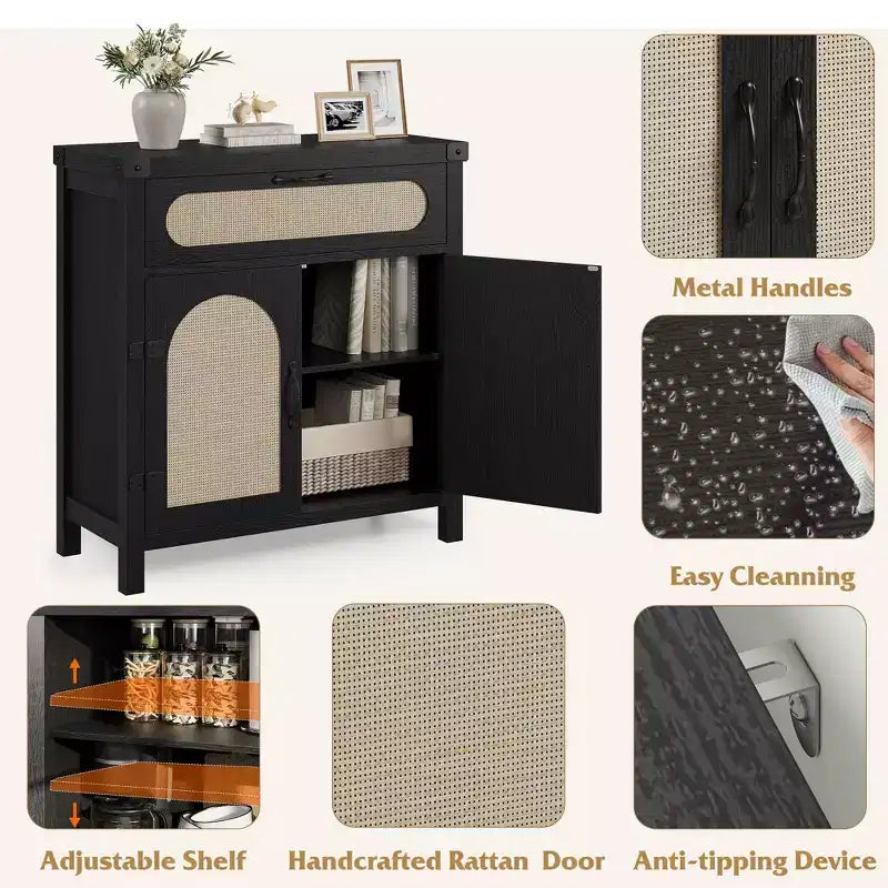 COZONY Aparador de ratán con cajones, armario de almacenamiento bohemio de estilo rústico con barra de café para comedor, sala de estar, pasillo, natural