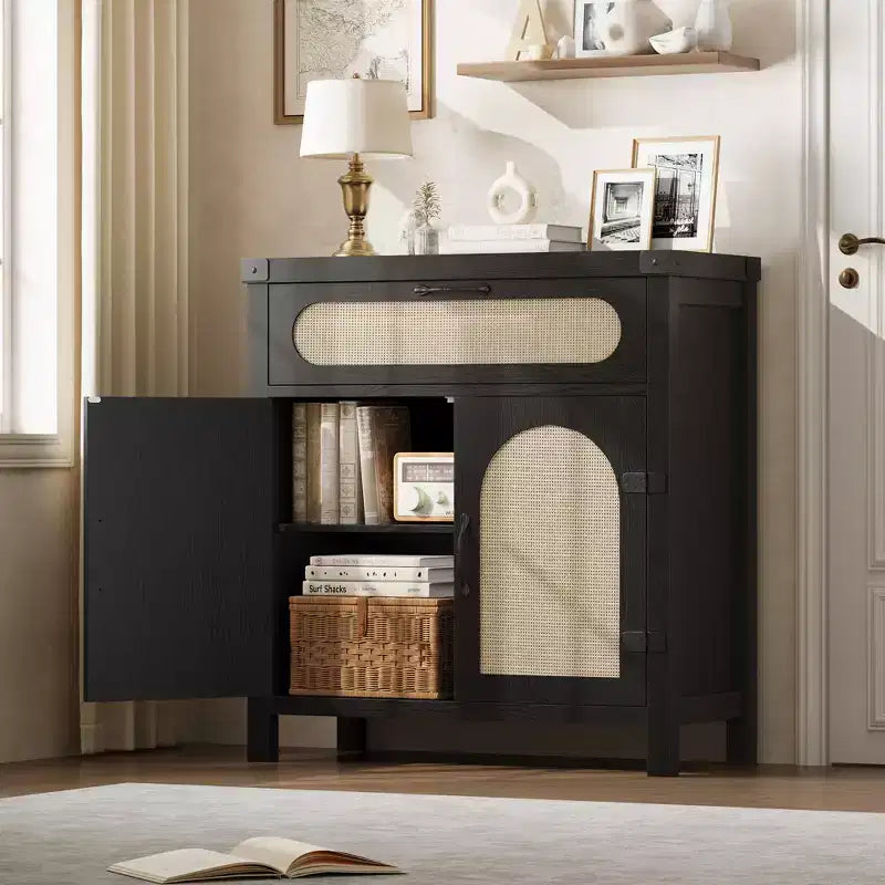 COZONY Aparador de ratán con cajones, armario de almacenamiento bohemio de estilo rústico con barra de café para comedor, sala de estar, pasillo, natural