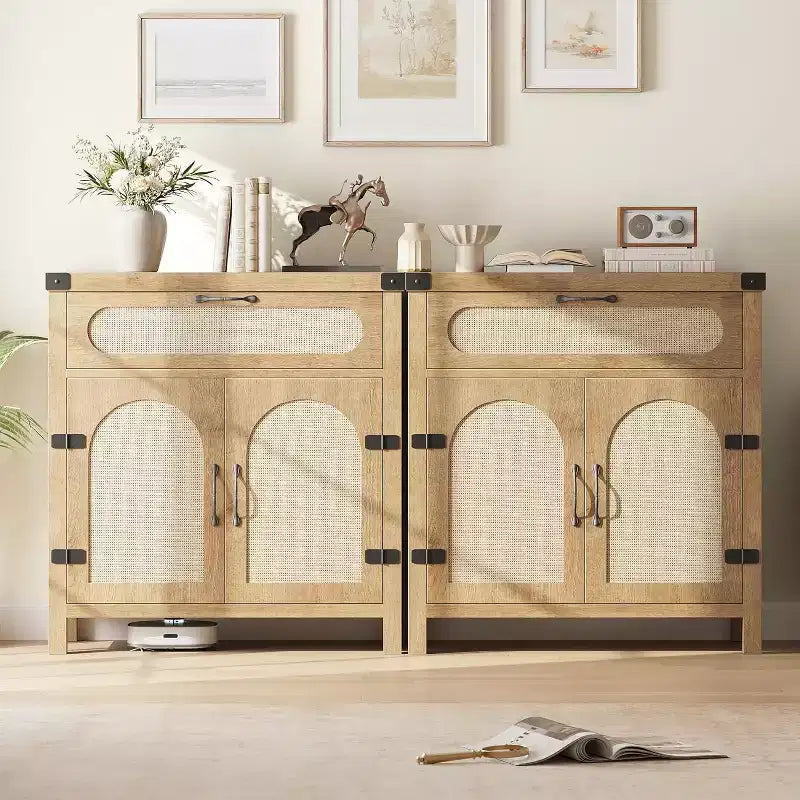 COZONY Aparador de ratán con cajones, armario de almacenamiento bohemio de estilo rústico con barra de café para comedor, sala de estar, pasillo, natural