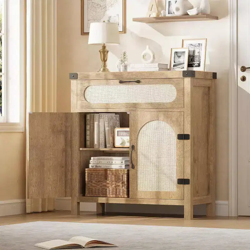COZONY Aparador de ratán con cajones, armario de almacenamiento bohemio de estilo rústico con barra de café para comedor, sala de estar, pasillo, natural