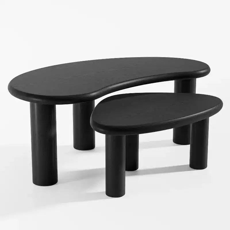 PexFix 34 - Juego de 2 mesas de centro nido modernas negras, mesas auxiliares de madera maciza con forma orgánica irregular para oficina en casa, sala de estar y dormitorio
