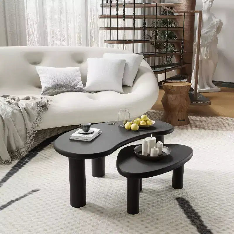 PexFix 34 - Juego de 2 mesas de centro nido modernas negras, mesas auxiliares de madera maciza con forma orgánica irregular para oficina en casa, sala de estar y dormitorio