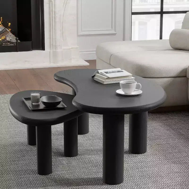 PexFix 34 - Juego de 2 mesas de centro nido modernas negras, mesas auxiliares de madera maciza con forma orgánica irregular para oficina en casa, sala de estar y dormitorio