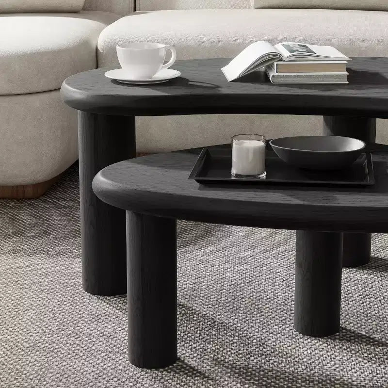 PexFix 34 - Juego de 2 mesas de centro nido modernas negras, mesas auxiliares de madera maciza con forma orgánica irregular para oficina en casa, sala de estar y dormitorio