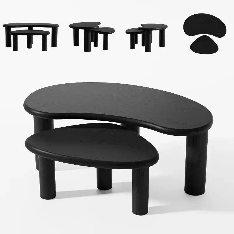 PexFix 34 - Juego de 2 mesas de centro nido modernas negras, mesas auxiliares de madera maciza con forma orgánica irregular para oficina en casa, sala de estar y dormitorio