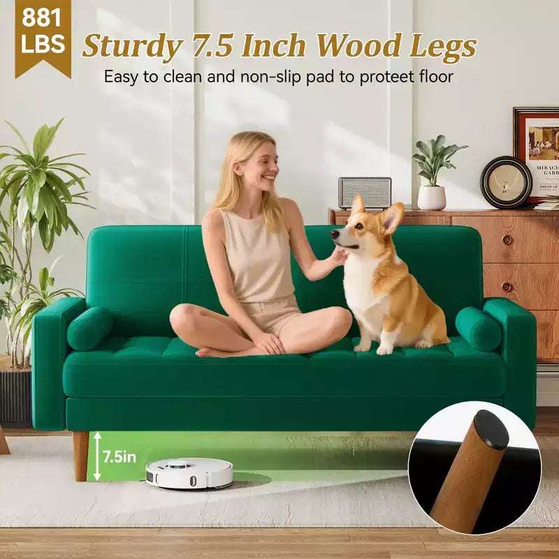 Dyonery 67 Sofá Sofá biplaza de terciopelo Sofá moderno de mediados de siglo con patas de madera maciza Beige