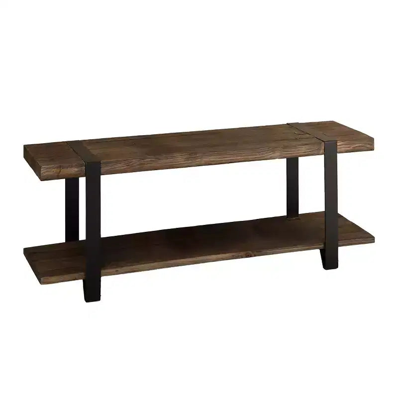 Alaterre Furniture Modesto Banco de entrada de madera maciza de 48 pulgadas con estante de almacenamiento, acabado rústico natural con patas de metal negras y detalles de correas