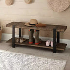 Alaterre Furniture Modesto Banco de entrada de madera maciza de 48 pulgadas con estante de almacenamiento, acabado rústico natural con patas de metal negras y detalles de correas