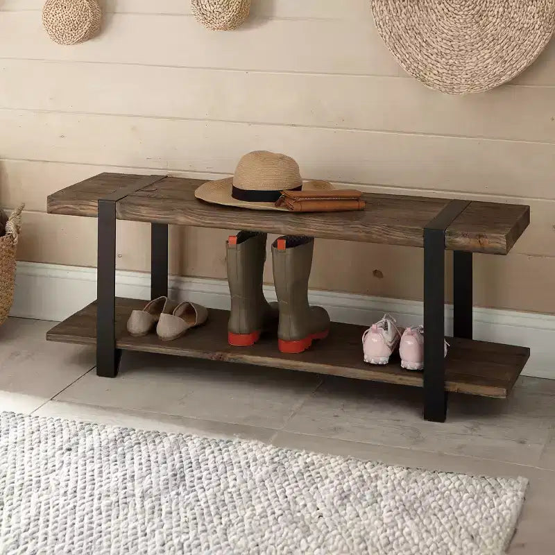 Alaterre Furniture Modesto Banco de entrada de madera maciza de 48 pulgadas con estante de almacenamiento, acabado rústico natural con patas de metal negras y detalles de correas
