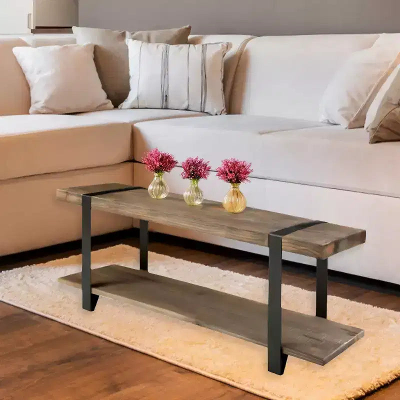 Alaterre Furniture Modesto Banco de entrada de madera maciza de 48 pulgadas con estante de almacenamiento, acabado rústico natural con patas de metal negras y detalles de correas