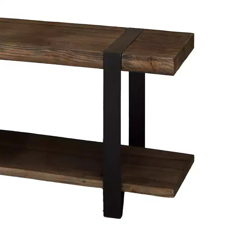 Alaterre Furniture Modesto Banco de entrada de madera maciza de 48 pulgadas con estante de almacenamiento, acabado rústico natural con patas de metal negras y detalles de correas