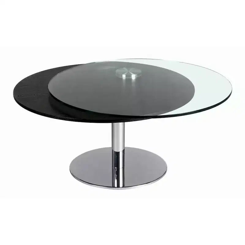 Chintaly Imports, Mesa de centro de movimiento contemporánea con doble parte superior redonda de cristal y madera maciza