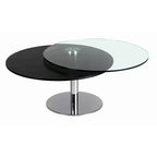 Chintaly Imports, Mesa de centro de movimiento contemporánea con doble parte superior redonda de cristal y madera maciza