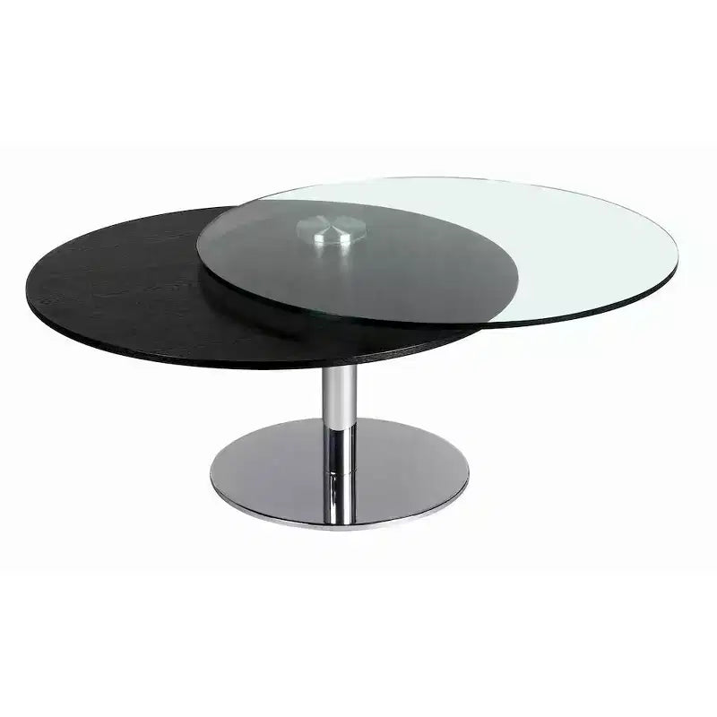 Chintaly Imports, Mesa de centro de movimiento contemporánea con doble parte superior redonda de cristal y madera maciza