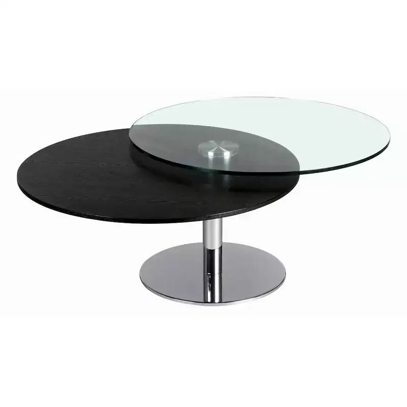 Chintaly Imports, Mesa de centro de movimiento contemporánea con doble parte superior redonda de cristal y madera maciza