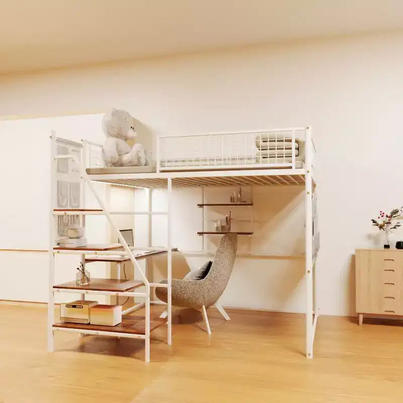 Cama alta Okak de tamaño completo con barandilla de seguridad, litera con escritorio, escaleras y estantes de almacenamiento, cama individual para niños y adultos