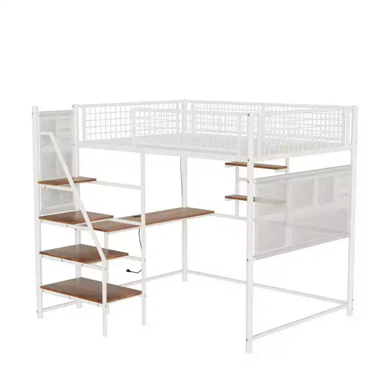 Cama alta Okak de tamaño completo con barandilla de seguridad, litera con escritorio, escaleras y estantes de almacenamiento, cama individual para niños y adultos