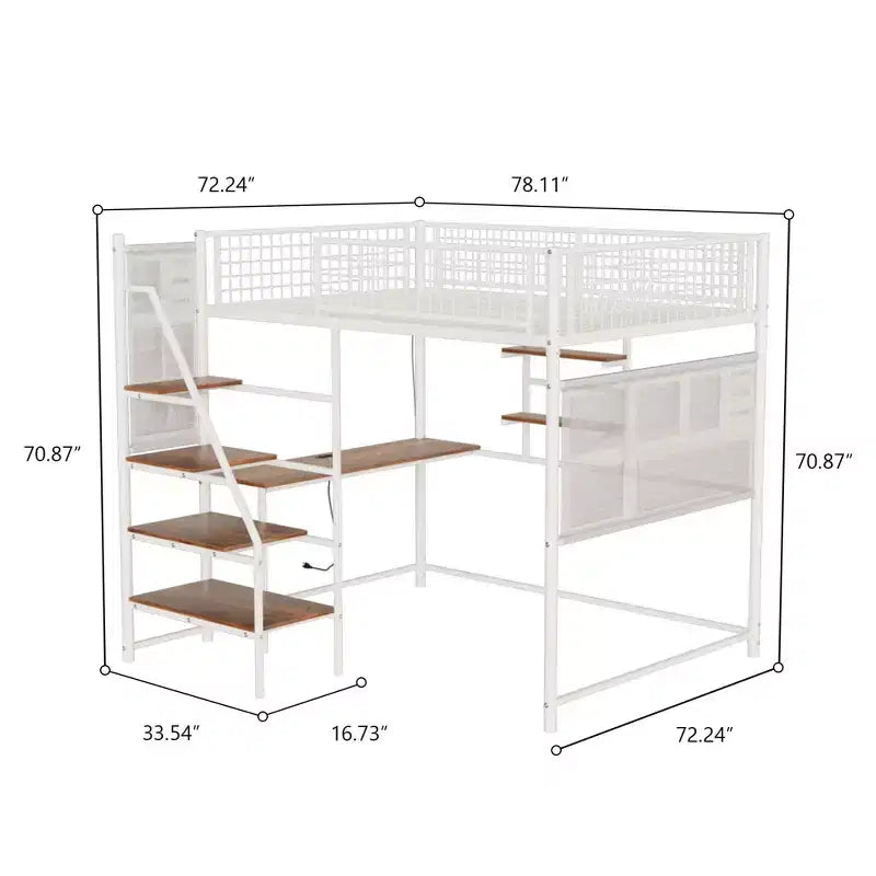 Cama alta Okak de tamaño completo con barandilla de seguridad, litera con escritorio, escaleras y estantes de almacenamiento, cama individual para niños y adultos
