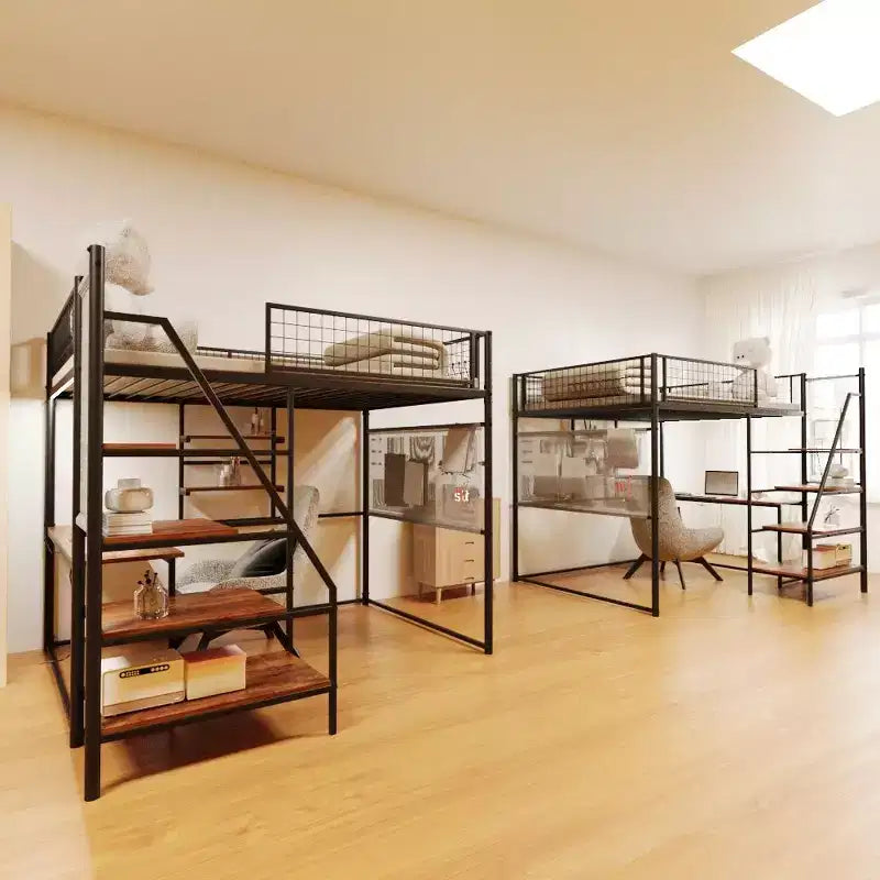 Cama alta Okak de tamaño completo con barandilla de seguridad, litera con escritorio, escaleras y estantes de almacenamiento, cama individual para niños y adultos